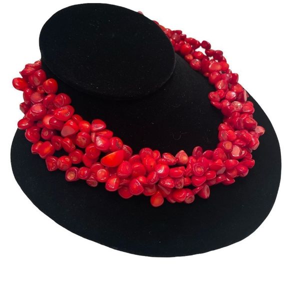 Vintage Sterling 925 4 Strand Red Coral Necklace - Picture 3 of 11